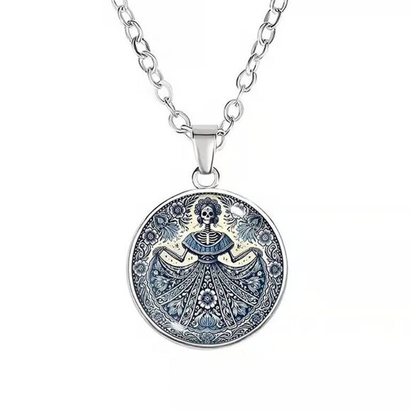 Silver Skeleton Day of the Dead Goth Mosaic Style Pendant Necklace - Picture 4 of 5
